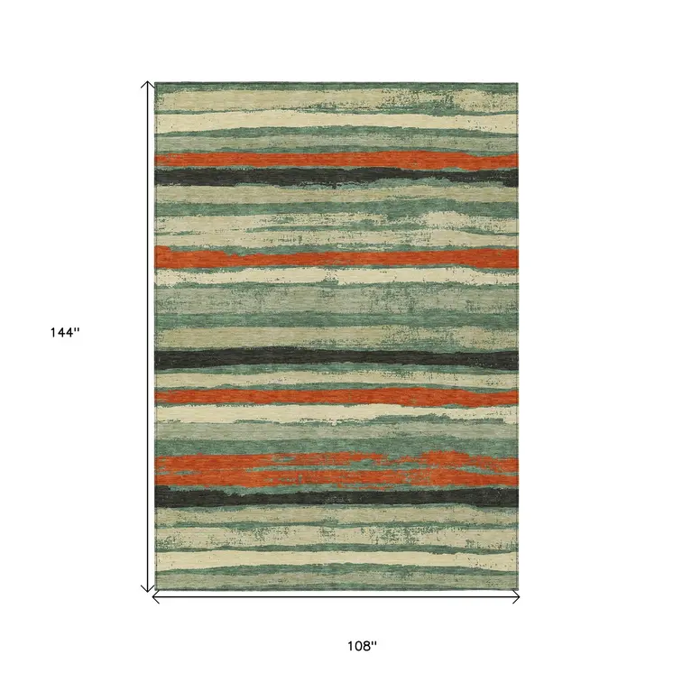 9' X 12' Sage Black And Red Striped Washable Indoor Outdoor Area Rug