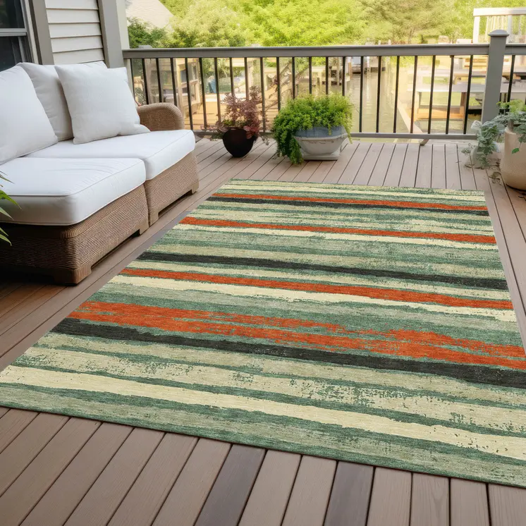 10' X 14' Sage Black And Red Striped Washable Indoor Outdoor Area Rug