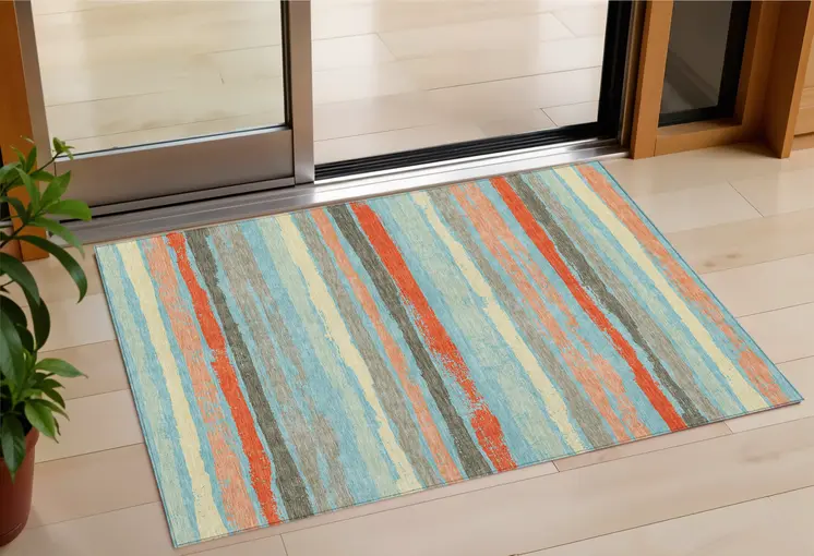3' X 5' Sky Blue Pink And Gray Striped Washable Indoor Outdoor Area Rug