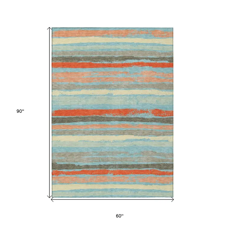 5' X 8' Sky Blue Pink And Gray Striped Washable Indoor Outdoor Area Rug