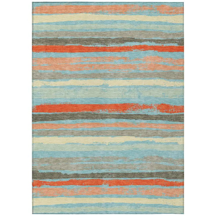 5' X 8' Sky Blue Pink And Gray Striped Washable Indoor Outdoor Area Rug