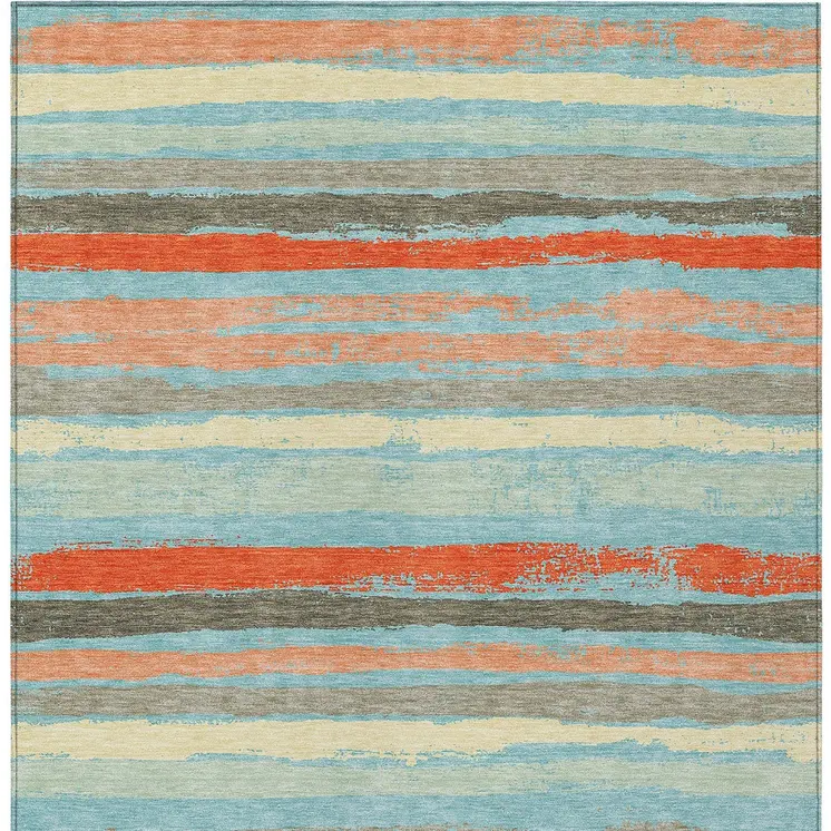 5' X 8' Sky Blue Pink And Gray Striped Washable Indoor Outdoor Area Rug