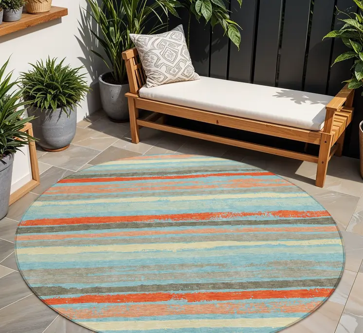 8' Sky Blue Pink And Gray Round Striped Washable Indoor Outdoor Area Rug