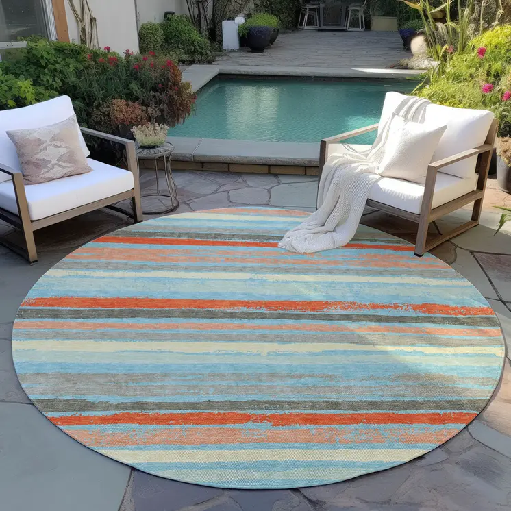 8' Sky Blue Pink And Gray Round Striped Washable Indoor Outdoor Area Rug