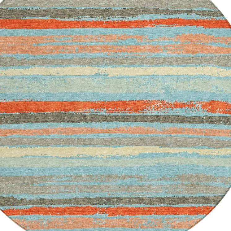 8' Sky Blue Pink And Gray Round Striped Washable Indoor Outdoor Area Rug