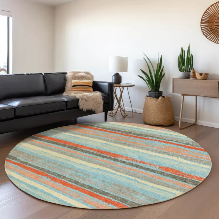 8' Sky Blue Pink And Gray Round Striped Washable Indoor Outdoor Area Rug