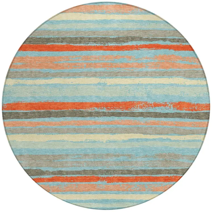 8' Sky Blue Pink And Gray Round Striped Washable Indoor Outdoor Area Rug
