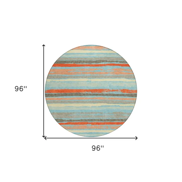 8' Sky Blue Pink And Gray Round Striped Washable Indoor Outdoor Area Rug