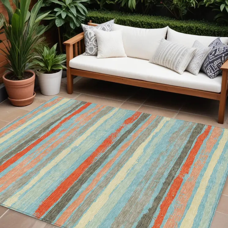 8' X 10' Sky Blue Pink And Gray Striped Washable Indoor Outdoor Area Rug