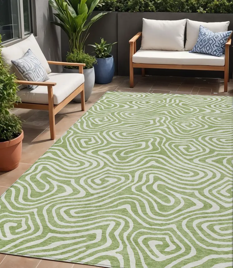 5' X 8' Artichoke Green And Ivory Abstract Washable Indoor Outdoor Area Rug