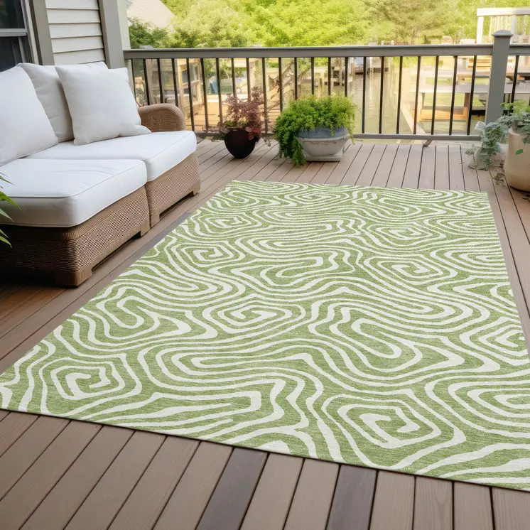 5' X 8' Artichoke Green And Ivory Abstract Washable Indoor Outdoor Area Rug
