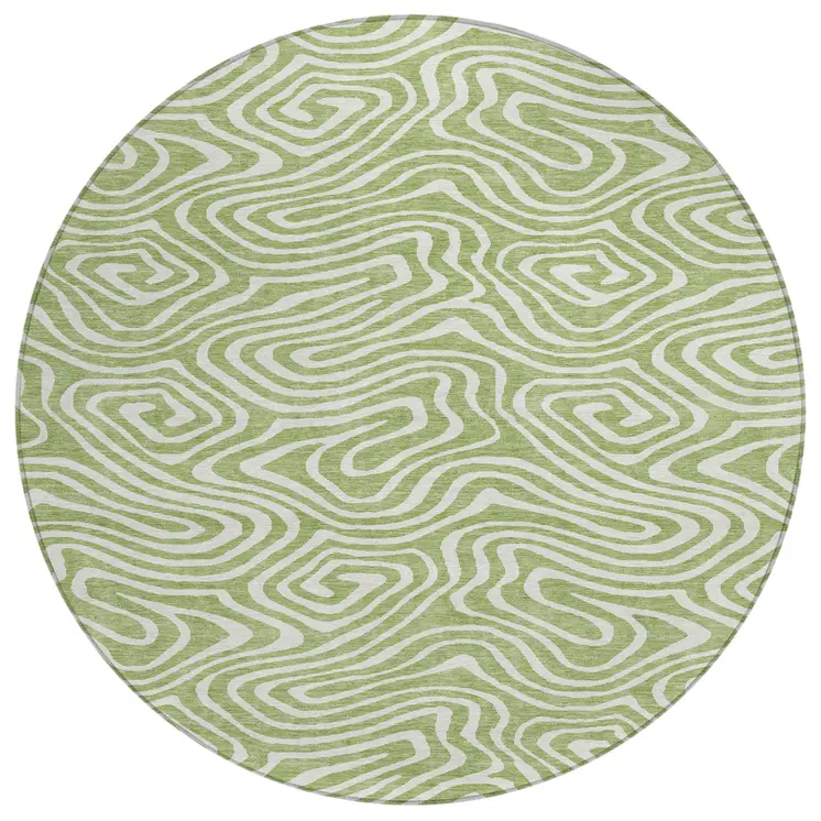 8' Artichoke Green And Ivory Round Abstract Washable Indoor Outdoor Area Rug