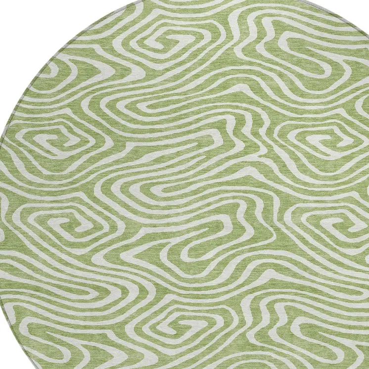 8' Artichoke Green And Ivory Round Abstract Washable Indoor Outdoor Area Rug