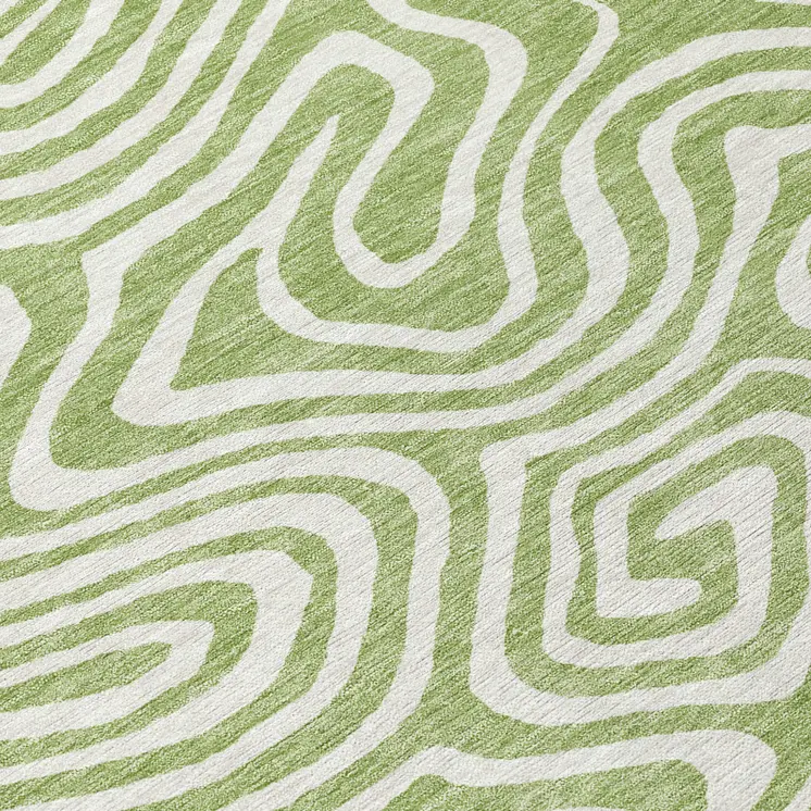 8' Artichoke Green And Ivory Round Abstract Washable Indoor Outdoor Area Rug