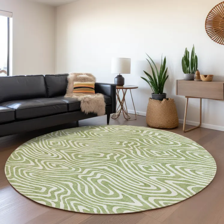 8' Artichoke Green And Ivory Round Abstract Washable Indoor Outdoor Area Rug