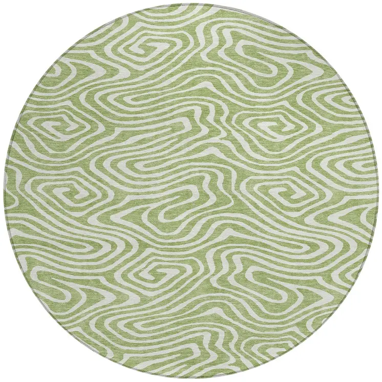 8' Artichoke Green And Ivory Round Abstract Washable Indoor Outdoor Area Rug
