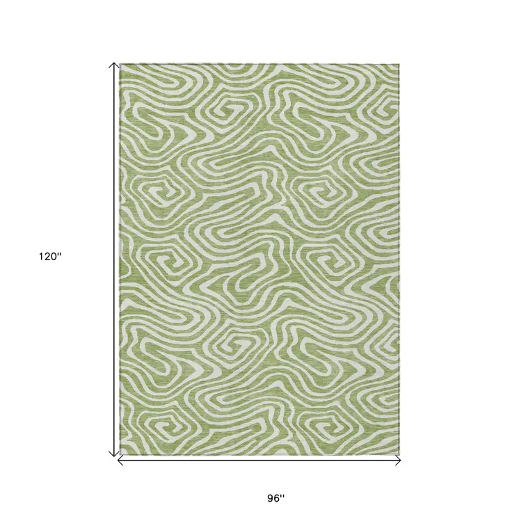 8' X 10' Artichoke Green And Ivory Abstract Washable Indoor Outdoor Area Rug