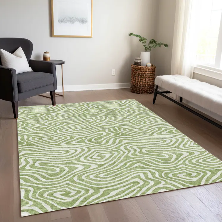 8' X 10' Artichoke Green And Ivory Abstract Washable Indoor Outdoor Area Rug