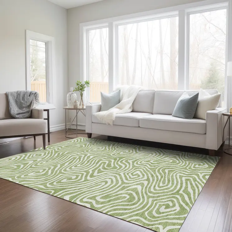 9' X 12' Artichoke Green And Ivory Abstract Washable Indoor Outdoor Area Rug