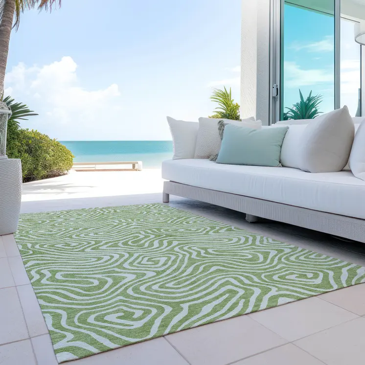 9' X 12' Artichoke Green And Ivory Abstract Washable Indoor Outdoor Area Rug