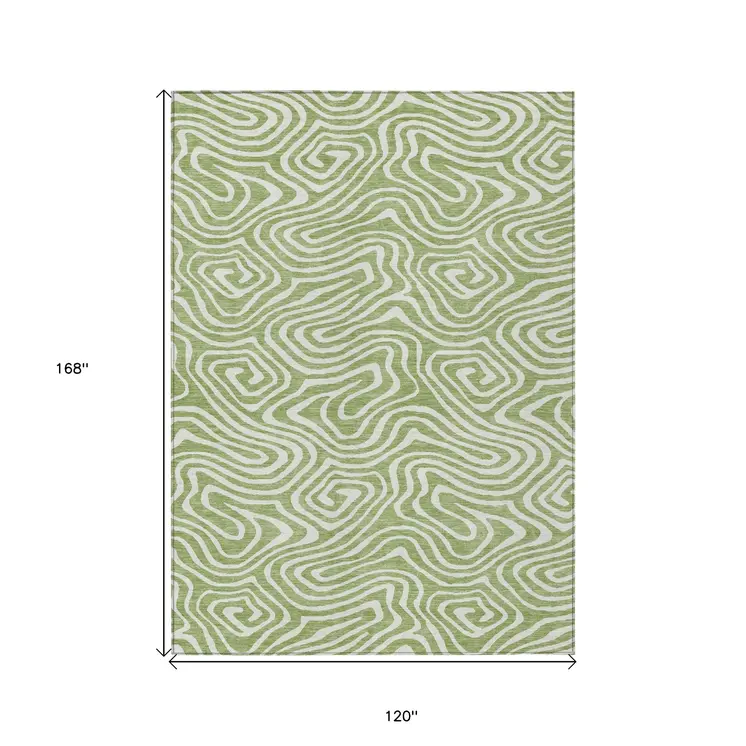 10' X 14' Artichoke Green And Ivory Abstract Washable Indoor Outdoor Area Rug