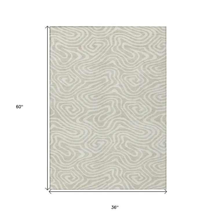 3' X 5' Beige And Linen Abstract Washable Indoor Outdoor Area Rug