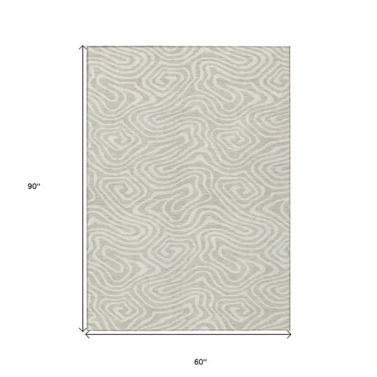 5' X 8' Beige And Linen Abstract Washable Indoor Outdoor Area Rug
