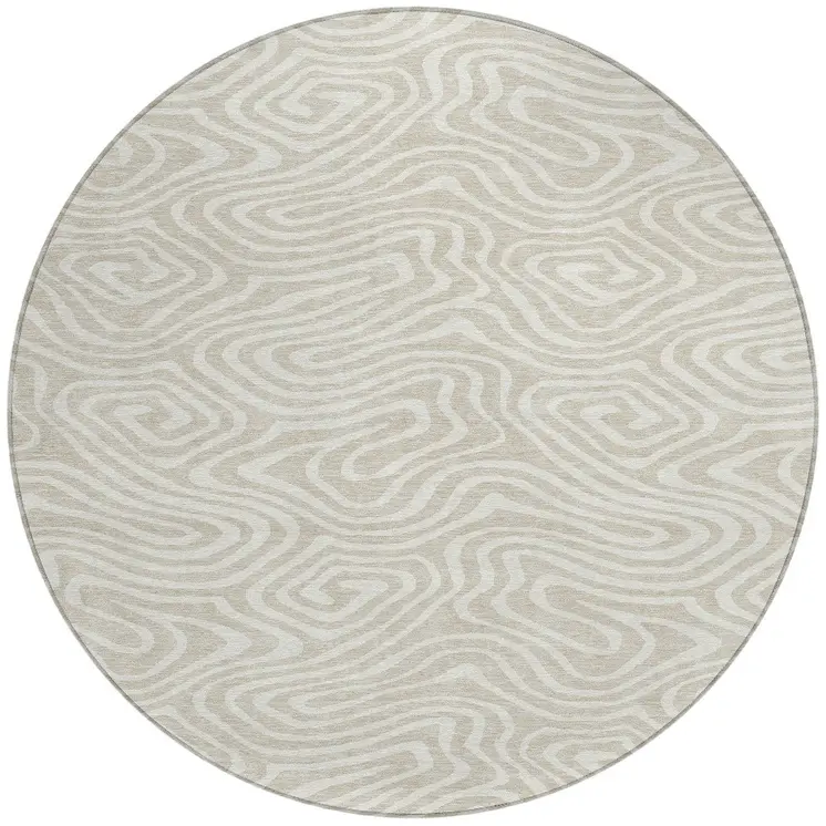 8' Beige And Linen Round Abstract Washable Indoor Outdoor Area Rug