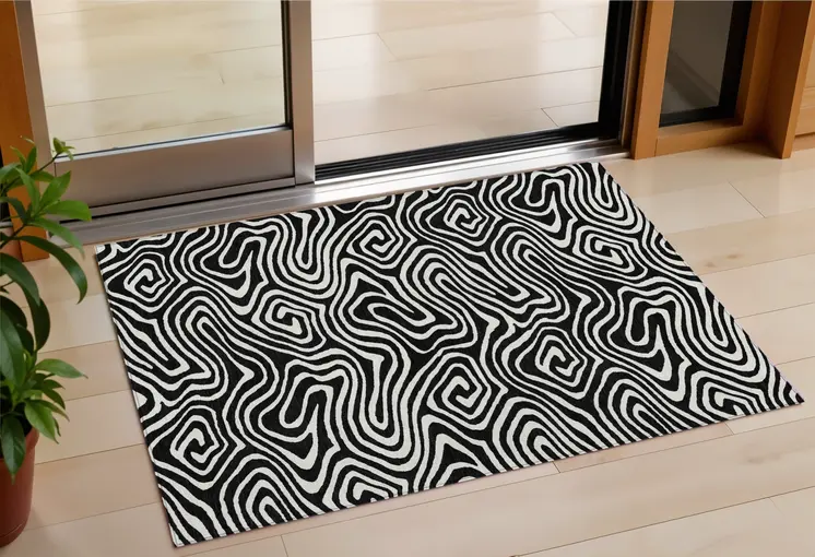 3' X 5' Black And Ivory Abstract Washable Indoor Outdoor Area Rug