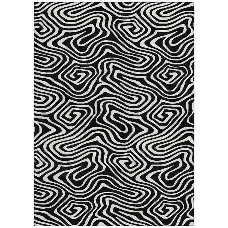 3' X 5' Black And Ivory Abstract Washable Indoor Outdoor Area Rug