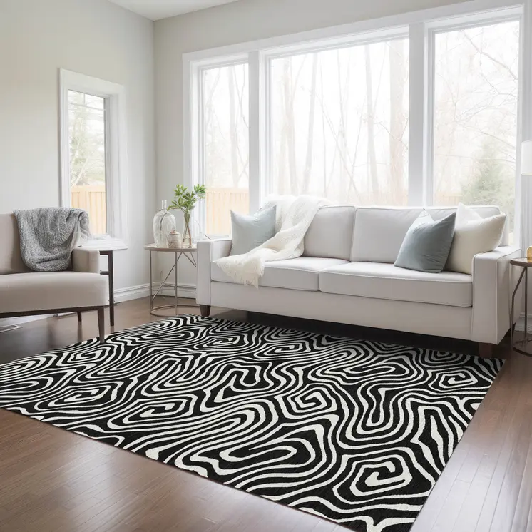 3' X 5' Black And Ivory Abstract Washable Indoor Outdoor Area Rug
