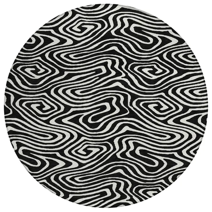 8' Black And Ivory Round Abstract Washable Indoor Outdoor Area Rug