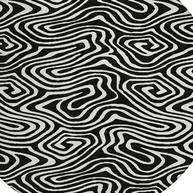 8' Black And Ivory Round Abstract Washable Indoor Outdoor Area Rug