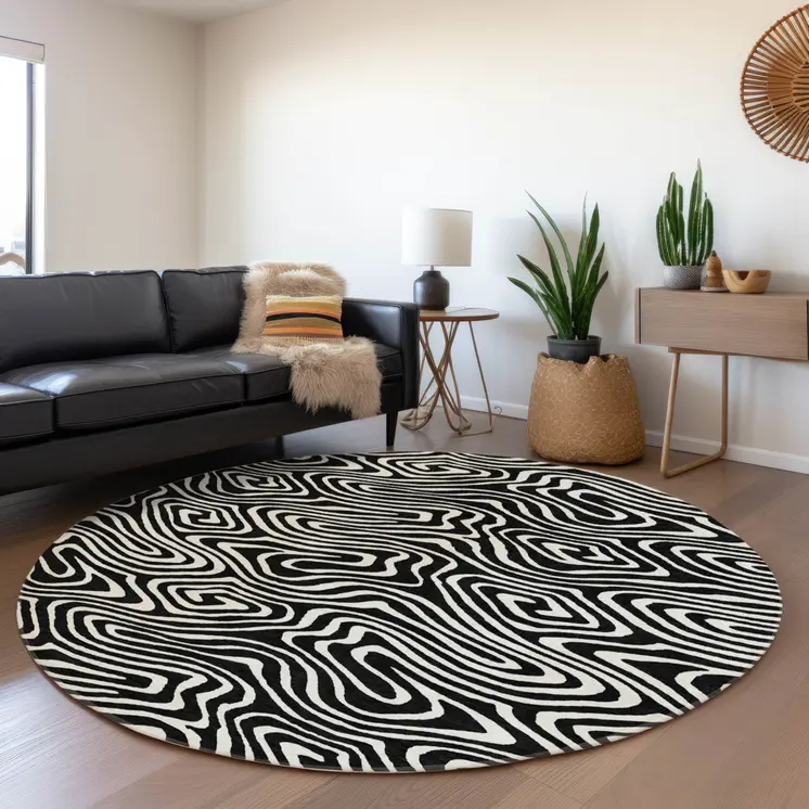 8' Black And Ivory Round Abstract Washable Indoor Outdoor Area Rug