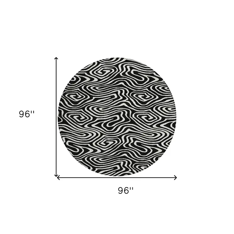 8' Black And Ivory Round Abstract Washable Indoor Outdoor Area Rug