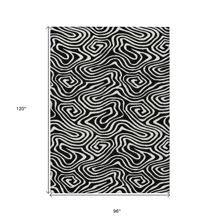 8' X 10' Black And Ivory Abstract Washable Indoor Outdoor Area Rug