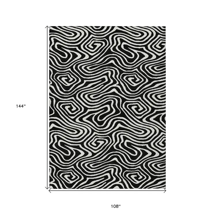 9' X 12' Black And Ivory Abstract Washable Indoor Outdoor Area Rug