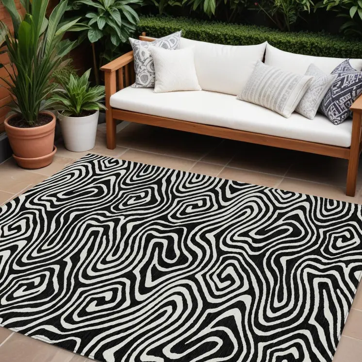9' X 12' Black And Ivory Abstract Washable Indoor Outdoor Area Rug