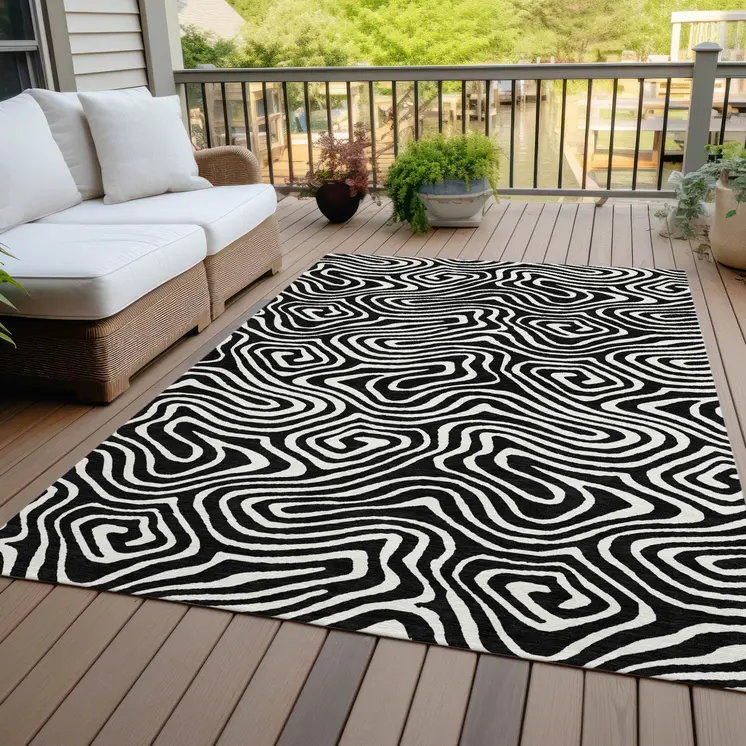 9' X 12' Black And Ivory Abstract Washable Indoor Outdoor Area Rug