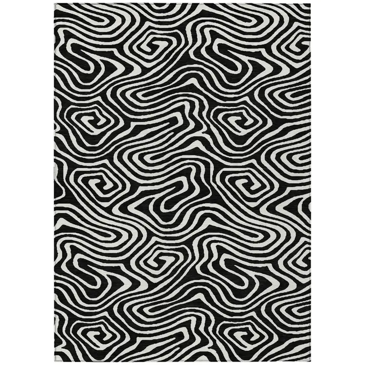 9' X 12' Black And Ivory Abstract Washable Indoor Outdoor Area Rug