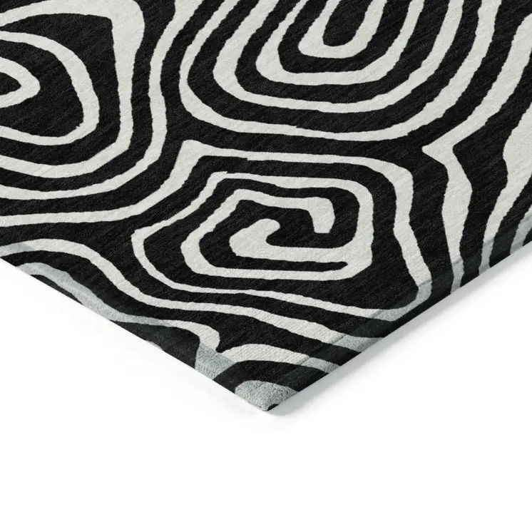9' X 12' Black And Ivory Abstract Washable Indoor Outdoor Area Rug