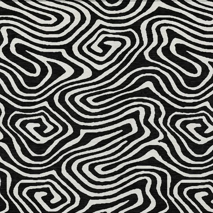 9' X 12' Black And Ivory Abstract Washable Indoor Outdoor Area Rug