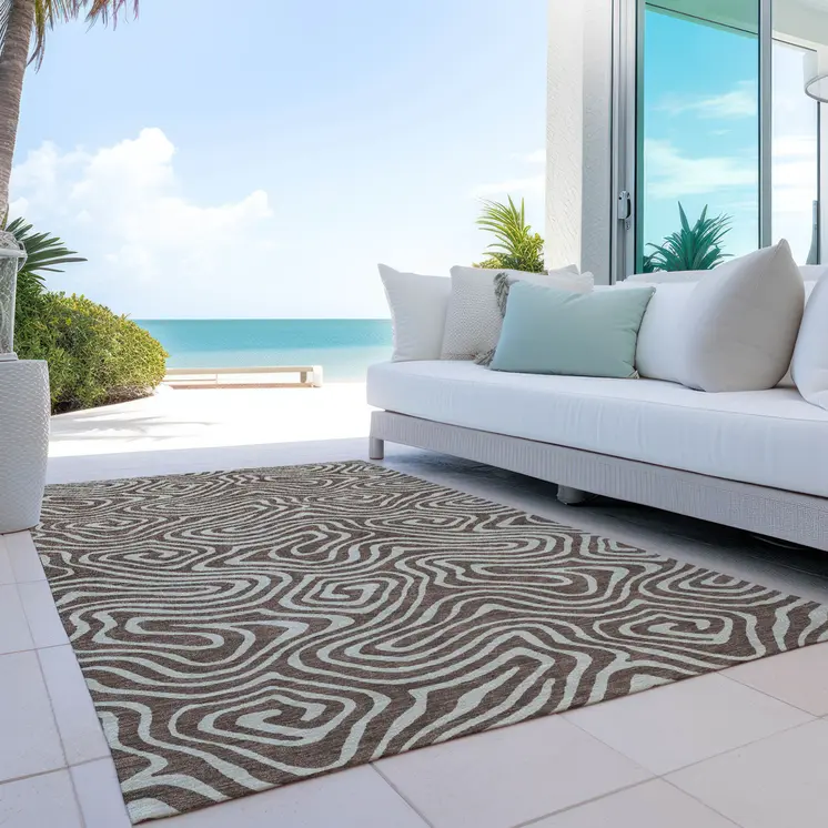 5' X 8' Brown And Beige Abstract Washable Indoor Outdoor Area Rug