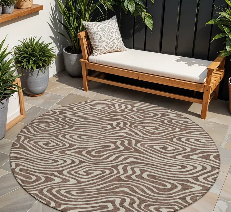 8' Brown And Beige Round Abstract Washable Indoor Outdoor Area Rug