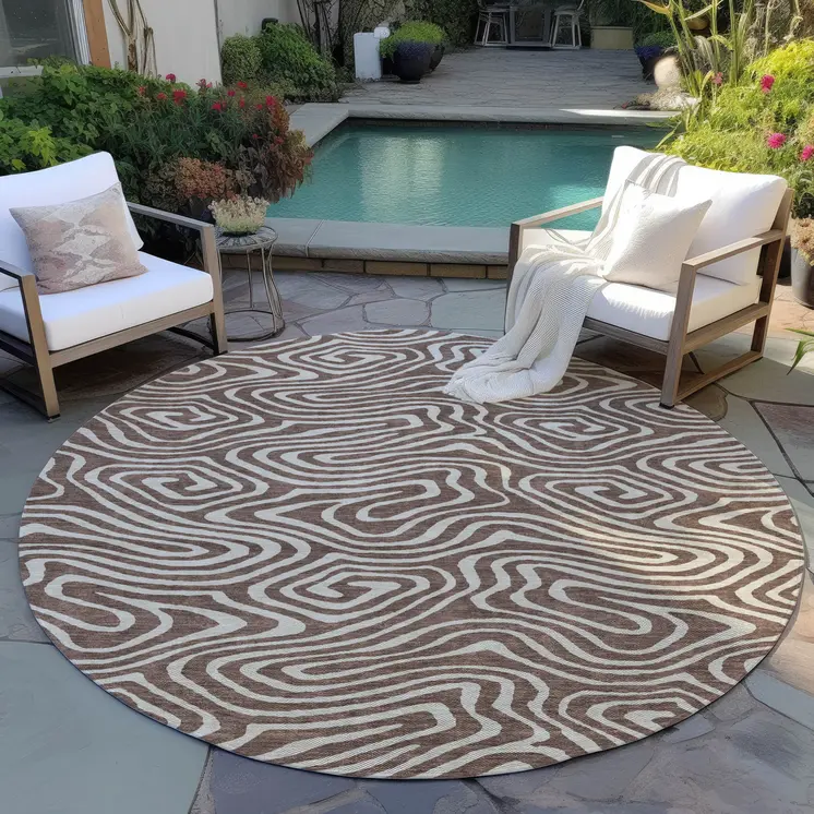 8' Brown And Beige Round Abstract Washable Indoor Outdoor Area Rug