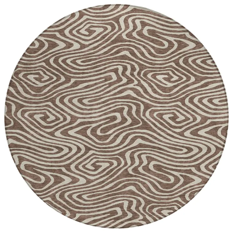 8' Brown And Beige Round Abstract Washable Indoor Outdoor Area Rug