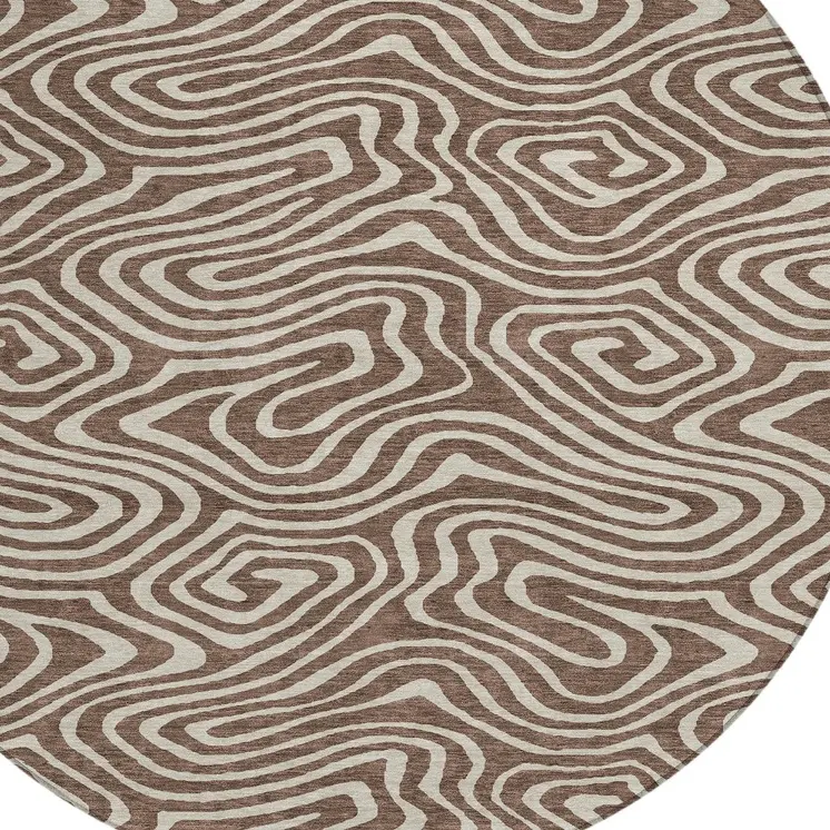 8' Brown And Beige Round Abstract Washable Indoor Outdoor Area Rug