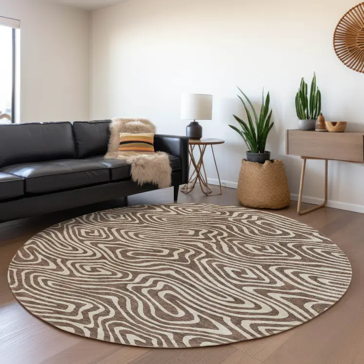 8' Brown And Beige Round Abstract Washable Indoor Outdoor Area Rug