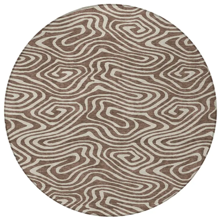 8' Brown And Beige Round Abstract Washable Indoor Outdoor Area Rug