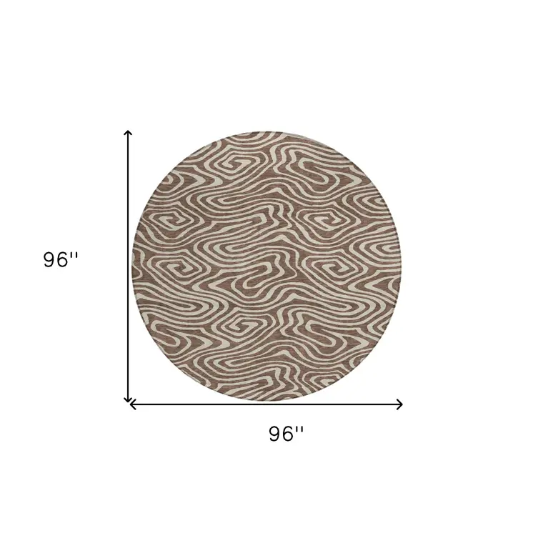 8' Brown And Beige Round Abstract Washable Indoor Outdoor Area Rug